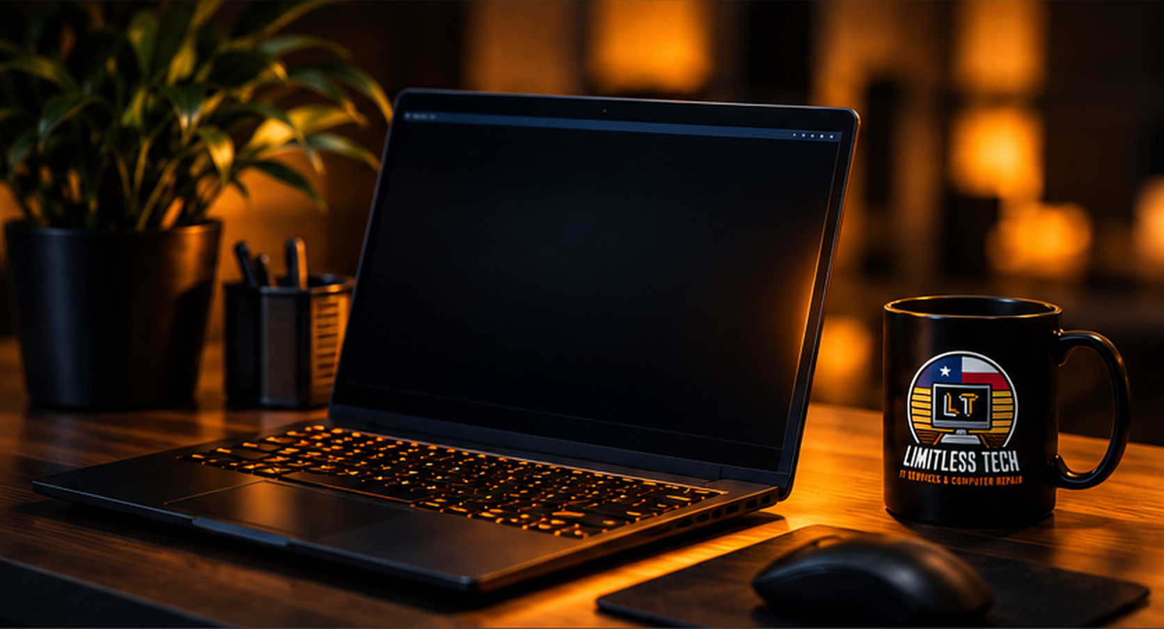Laptop workstation beside a coffee mug with the Limitless Tech logo
